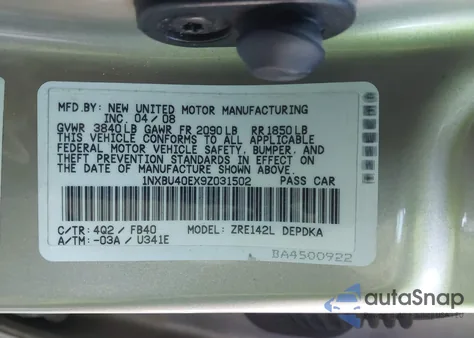 2009 Toyota Corolla Le from USA, damaged, VIN 1NXBU40EX9Z031502